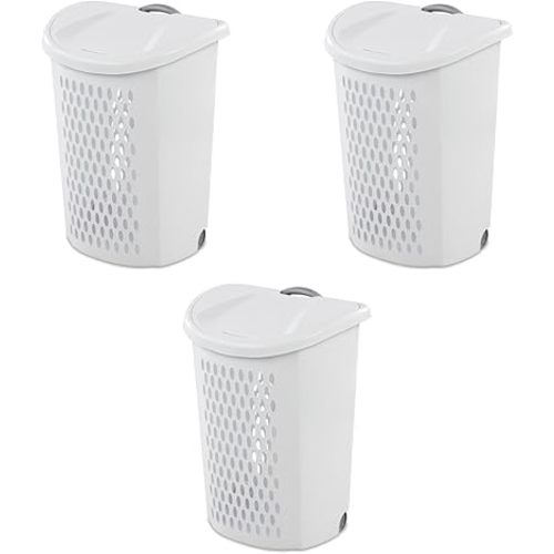 Sterilite Ultra Wheeled Laundry Hamper with Lid, 2 Bushel, Plastic Large Hamper w/ Handle and Wheels to Easily Transport Clothes, White, 3-Pack