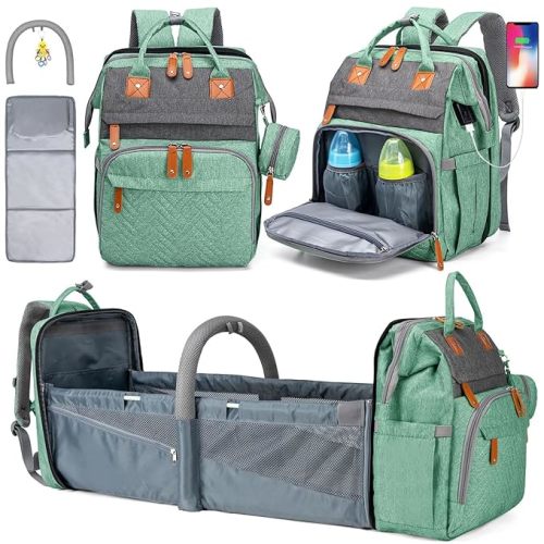 Diaper Bag Backpack, Large Baby Diaper Bags for Boys Girls, Baby Bag with USB Charging Port, Multifunction Waterproof Travel Back Pack for Moms Dads, Green Grey