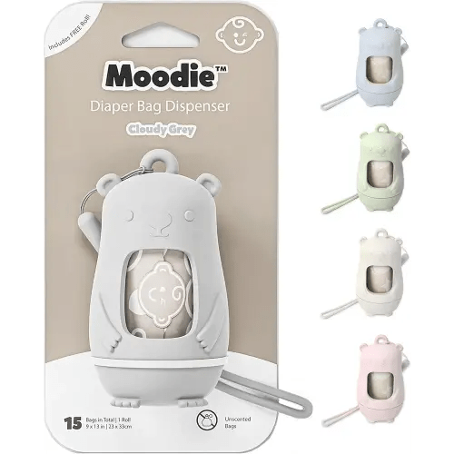 Teddy Bear Diaper Bag Dispenser | Diaper Trash Bags on the Go Dispenser w/Silicon Strap | 15 UNSCENTED Baby Poop Bags per Roll | Dirty Diaper Bags Disposable | Diaper Waste Bags (CLOUDY GREY)