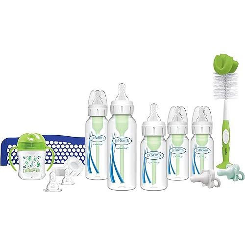 Dr. Brown's Natural Flow Baby Feeding Set with Anti-Colic Bottles, Transition Cup, Brush, and Silicone Pacifiers