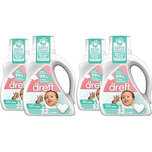 Dreft Active Baby Liquid Laundry Detergent,Helps Remove 99% of Baby Food Stains,Hypoallergenic,32 loads each,(Pack of 4)