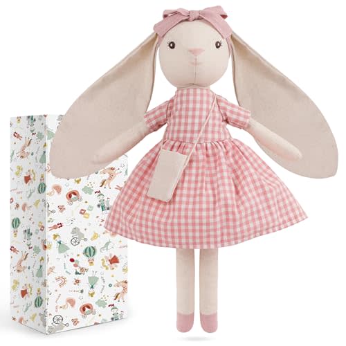 15" Bunny Stuffed Animal for Girls, Plush Toy Doll -Wearing Pink Plaid Dress,Cute Doll Set Dress Up for 3 4 5 Year Old Girl - Gift for Little Girl, Birthday, Easter,Christmas