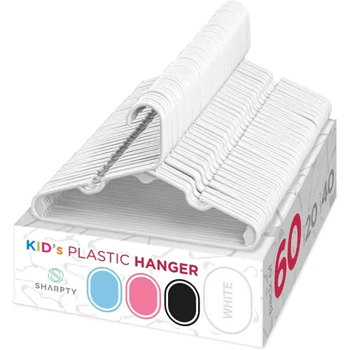 Sharpty Kids Plastic Hangers, Children's Hangers for Baby, Toddler, and Child Clothes - Everyday Standard Use - Ideal for Boys and Girls Closet, Clothing, Pants, Coats, and More - White, 60 Pack