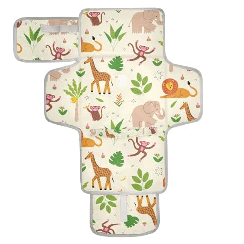 ElliTarr Portable Diaper Changing Pad Travel Baby Changing Mat Waterproof Diaper Changing Mat Foldable Lightweight Baby Changer with Built-in Pillow Jungle Animals