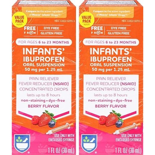 Rite Aid Infants' Dye-Free Ibuprofen Drops, Berry Flavor, 50 mg - 2 Value Pack | Infant Pain Reliever | for Babies Ages 6 to 23 Months | Oral Suspension 50 mg per 1.25 mL | Gluten Free