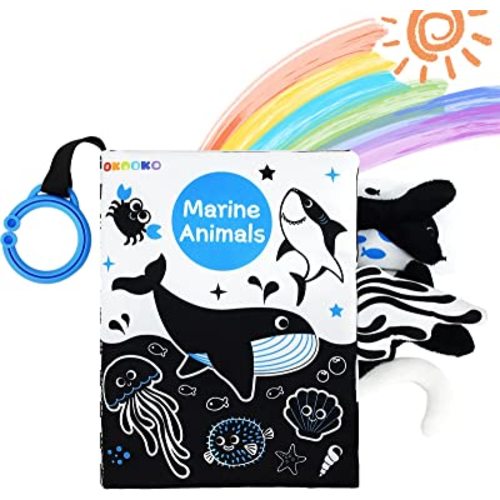 OKOOKO Soft Baby Book Black and White High Contrast Marine Animals Tails Book Bath Book Montessori Sensory Stroller Toy Non-Toxic Crinkle Washable Early Education for Baby Infant Toddler