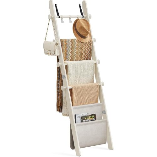 VASAGLE Blanket Ladder for Living Room, 5-Tier Wooden Ladder Shelf, Decorative Farmhouse Blanket Rack with Synthetic Leather Bag, Metal Hooks, Side Hooks, for Bedroom, Cream White ULLS022W01