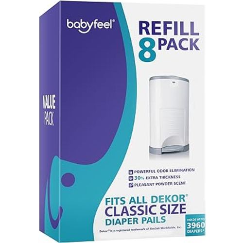 Refills Compatible with DEKOR CLASSIC Diaper Pails | 8 Pack | Exclusive 30% Extra Thickness | Diaper Pail Refills with Powerful Odor Elimination | Powder Scent | Holds up to 3960 Diapers