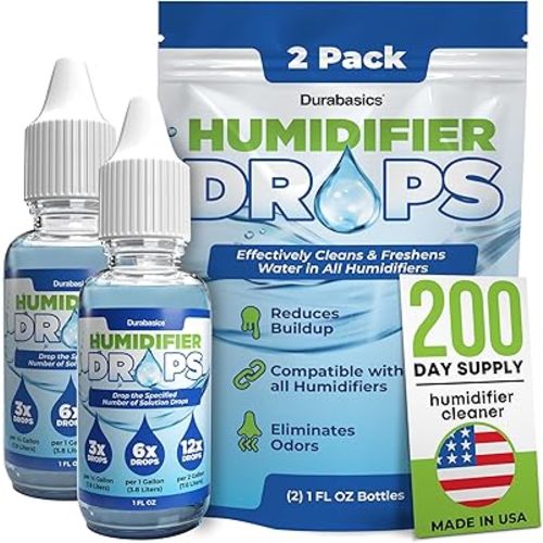Durabasics [2 Pack] Humidifier Drops for Cleaning - Food Grade Humidifier Cleaner Slows Buildup & Scaling - Cleans & Deodorizes Water - Suitable for All Models - 200+ Day Supply - Made in USA