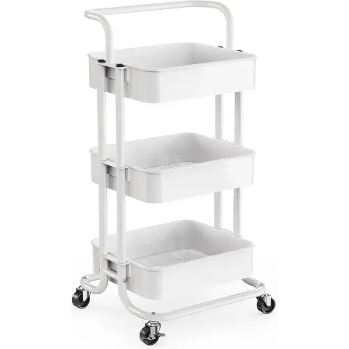 Pipishell 3 Tier Mesh Utility Cart, Rolling Metal Organization Cart with Handle and Lockable Wheels, Multifunctional Storage Shelves for Kitchen Living Room Office White