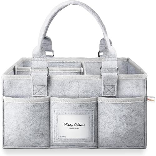 Diaper Caddy Organizer for Baby Essentials, Newborn Essetials Must Haves, Baby Registry Search and Other Baby Stuff, Collapsible Baby Basket with Handle and a Photo Frame, Gray (L)