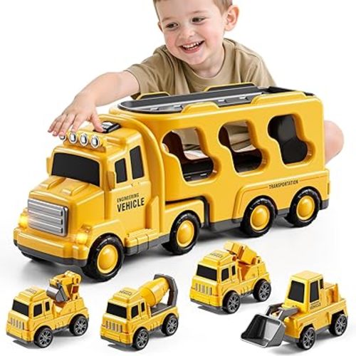 Bennol Construction Truck Toys for Toddler Boy 1 2 3 4 5 Year Old, Car Trucks Birthday Gifts Toys for Kids Ages 1-3 3-5, 5-in-1 Construction Trcuk with Excavator, Crane Mixer, Bulldozer