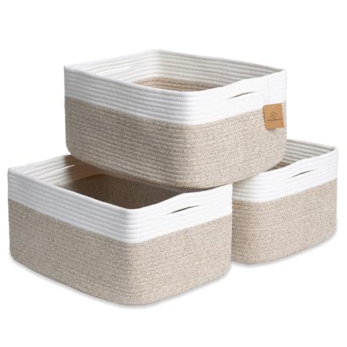 NaturalCozy Storage Baskets 16.8”x13”x7.6” Cotton Rope Woven Baskets for Organizing 3-Pack | Toy Storage Bins | Basket for Shelves, Laundry, Blanket, Clothes, Closet, Kitchen, Bathroom, Gifts