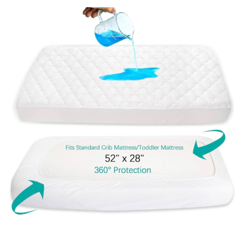 Crib Mattress Protector Sheets Fitted Waterproof Crib Mattress Pad Cover, Noiseless & Machine Wash 100% Absorbent Crib/Toddler Mattress Protector Sheet Quilted, White, 52" x 28"