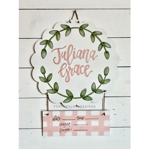 hospital door hanger for girls // scalloped circle // greenery leaves // blush + mauve + lavender // gingham print