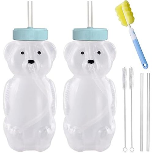 Honey Bear Straw Cups, Juice Bear Bottle Drinking Cup Long Straws with 4 Flexible Straws & Cleaning Tools, 8-Ounce Therapy Sippy Bottles for Speech and Feeding Training, Food-Grade & BPA Free 2 Pack