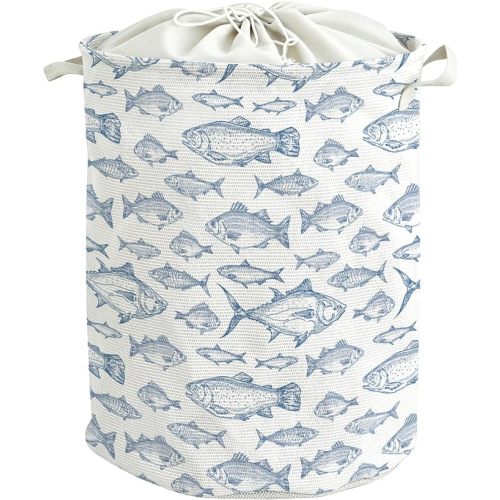 Coastal Beach Fish Laundry Basket, Blue Beach Laundry Basket Hamper, Nautical Ocean Minimalist Fish Waterproof Storage Bin Toy Box Organizer for Bedroom Bathroom Clothes Toys