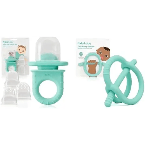 Frida Baby Push Pop Feeder, Baby Fruit Feeder + Get-A-Grip Teether Teething Toy | 100% Food-Grade Silicone Food Pacifier & Teether Toy for Baby 0-6, 12, 18 Months Infant, (Teal)