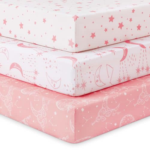 Unnivoll Baby Crib Sheets for Boys Girls, Fitted Crib Sheet Neutral 3 Pack for Standard Crib and Toddler Mattress, Breathable Soft Microfiber Baby Sheet 28x52x8in Pink White Moon