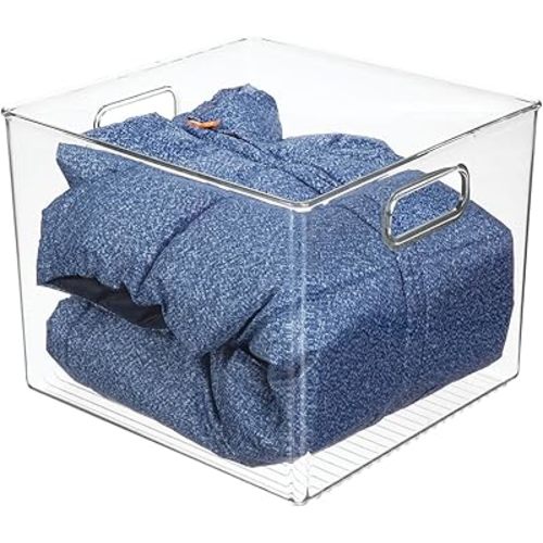 mDesign Small Modern Plastic Storage Organizer Bin Basket with Handles for Home Closet Organization - Shelf, Cubby, Cabinet, and Cupboard Organizing Decor - Ligne Collection - Clear