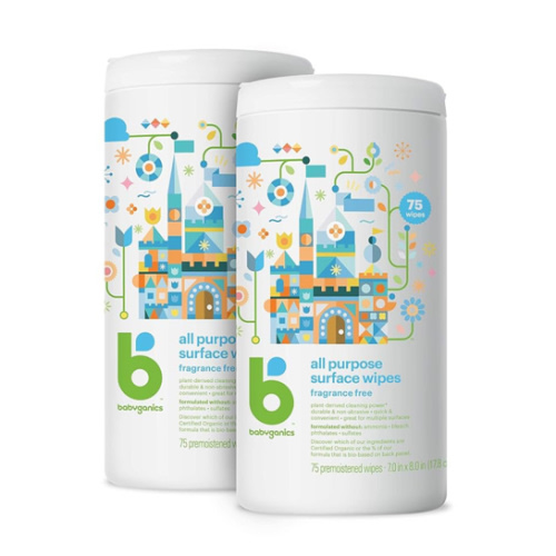 Babyganics All Purpose Surface Wipes, Fragrance-Free, 75 Count Plant Based and Non-Abrasive, No Ammonia, No Bleach (Pack of 2)