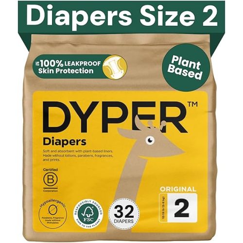 DYPER - Baby Diapers Hypoallergenic Cloth Alternative Day & Overnight Protection - Made with Plant-Based* & Skin-Friendly Ingredients - Size 2 (32 Count)