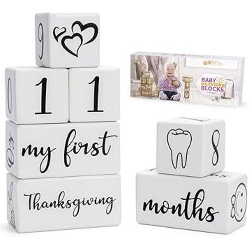 Baby Monthly Milestone Blocks for Boy or Girl, 7 Blocks, Milestones Age Block Set for Baby Shower, Pregnancy Countdown, Baby Age Photo Blocks