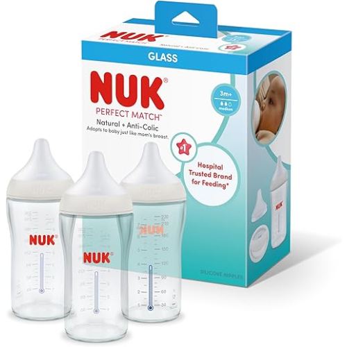 NUK Perfect Match Glass Natural + Anti-Colic Bottle, 4 oz. Glass Baby Bottles with SafeTemp Temperature Indicator, Newborn Essentials, 3-Pack