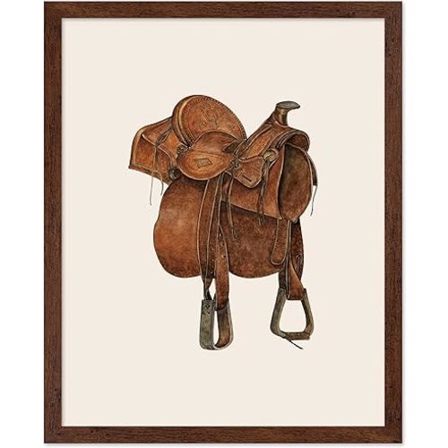 Poster Master Vintage Leather Saddle Poster - Retro Cowboy Print - Saddle Horse Riding Art - Western & Equestrian Art - Rustic & Living Room or Farmhouse Decor, 8x10 Brown Framed