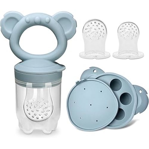 Koala Baby Feeder Set, Silicone Baby Fruit Feeder with Koala Freezer Tray – Safely Introduce New Foods, Teething Relief – Perfect for Breast Milk & Self-Feeding for Babies & Infants (Sky Blue)