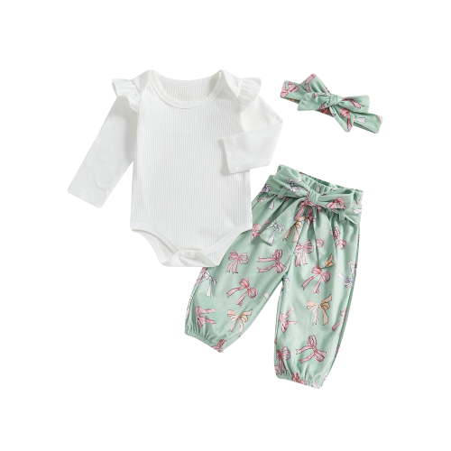 aturustex Toddler Girls 3PCS Pants Outfits 0 3M 6M 12M 18M Infant Baby Long Sleeve Bodysuits O Neck Romper Solid Ribbed Jumpsuits Bow Print Pants Headashion Loose Casual Daily Floral Clothes