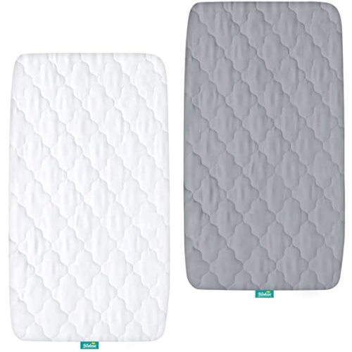 Bassinet Mattress Pad Cover Waterproof, Quilted Mattress Protector Sheets Fits All Mainstream Bassinet - Rectangle, Oval, Hourglass, 2 Pack, 17'' x 33'', Ultra Soft Breathable, White and Grey