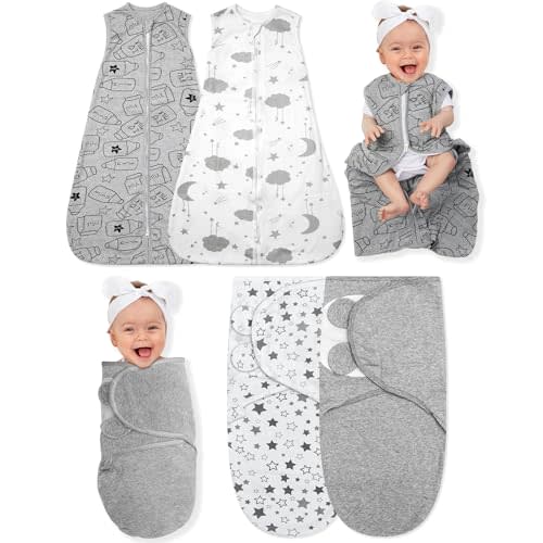 Ramede 4 Pack 0-3 Months Baby Swaddle Blanket Newborn Sacks Soft Cotton Sleep Swaddle Wearable for Baby Boy Girl Sleeping(Star,Grey)