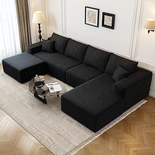 135.4"Cloud Modular Sectional Couch with 1 Ottoman,Modern Minimalist Upholstered Couches, Comfort U Shaped Sofa for Living Room,Deep Seat Corner Couch,No Assembly Required (Black,Right Facing Chaise)