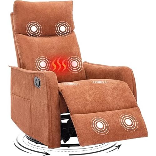 Swivel Rocker Recliner Chair, 360° Swivel Recliner with Heat and Massage, Rocker Recliner Nursery Glider Chair with Side Pockets for Living Room (Bright Orange, Fabric)