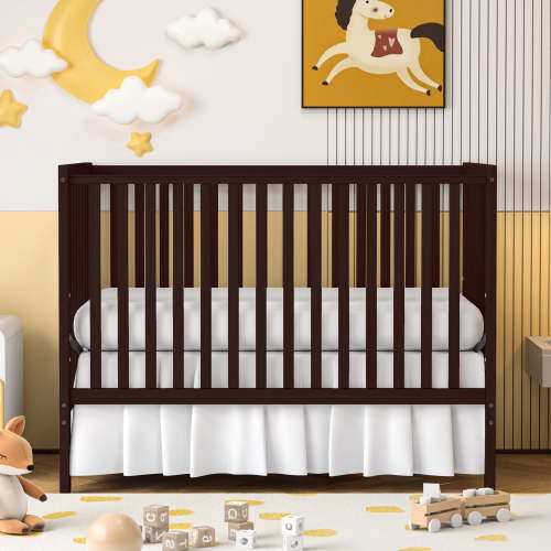 Sesslife 5-in-1 Convertible Crib, Espresso Baby Bed, Pinewood, Adjustable Mattress Height