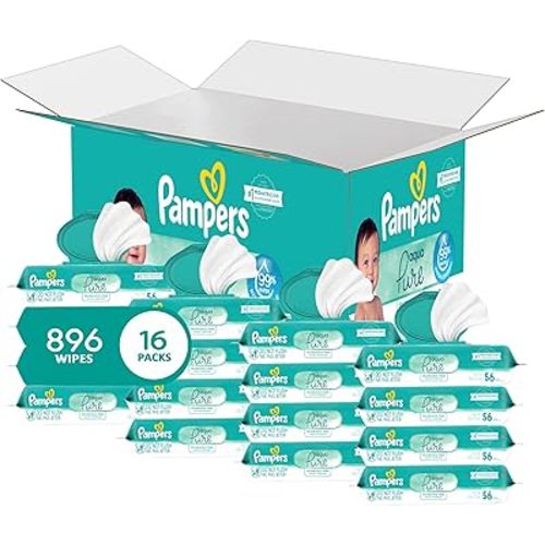 Pampers Baby Wipes Aqua Pure, 99% Water Based Wipes, Hypoallergenic and Unscented Infant Wipe, 896 Total (16 Flip-Top Packs)