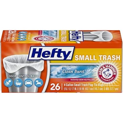 Hefty Small Garbage Bags, Flap Tie, Clean Burst Scent, 4 Gallon, 26 Count
