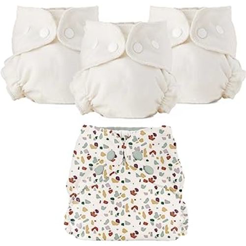 Esembly Cloth Diaper Bundle Set, 3 Organic Absorbent Inners and 1 Waterproof Recycled Diaper Cover, Reusable Washable Diapers with Snap Closure, Size 1 (7-17lbs), Terrazzo