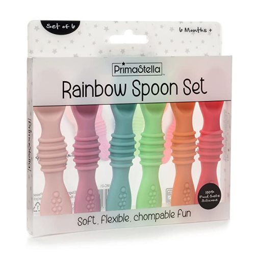 PrimaStella Silicone Rainbow Chew Spoon Set for Babies and Toddlers | Safety Tested | BPA Free | Microwave, Dishwasher and Freezer Safe