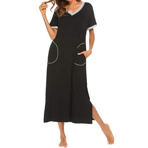 GATXVG Long Nightgown for Women Short Sleeves Sleepshirts Sleep Dress, Womens Oversized Loose Pajama Crewneck Solid Color Loungewear, Ultra-Soft Comfot Sleepwear Pjs with Pockets