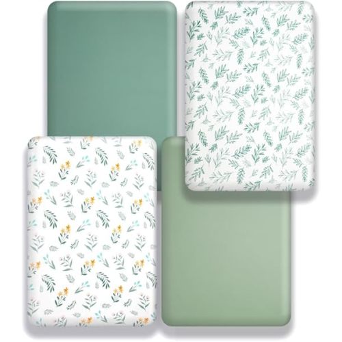 4 Pack Sage Green Fitted Nursery Sheets Breathable Neutral Unisex Baby Sheets for Boys or Girls with Leaf and Flower Design Standard Crib Sheet (Green, Crib Sheet)