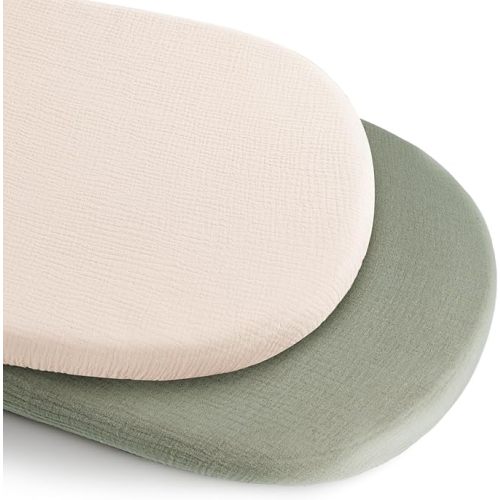 Konssy 2 Pack Muslin Bassinet Sheets for Baby Boy, 100% Cotton Soft Breathable Bassinet Mattress Sheets Fit for Hourglass Oval Cradle Rectangle Mattress (Fog Green,Cream)