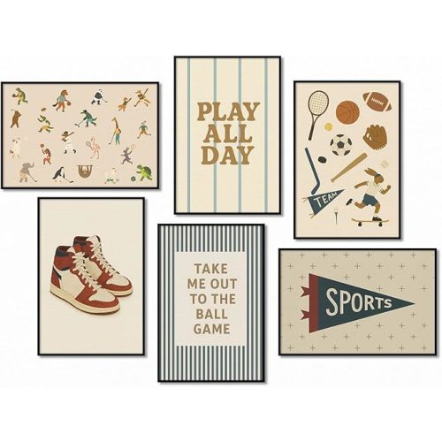 Sports Posters for Boys Bedroom, Boy Nursery Canvas Wall Art, Cute Animal Athletes & Sports Equipment Pictures, Charming Quotes Take Me Out To The Ball Game Play All Day Print 8x12in Unframed