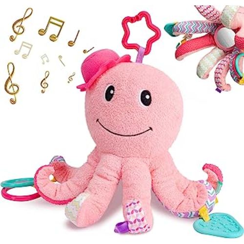 Sumobaby Infant Baby Musical Stuffed Animal Activity Soft Toys, Baby Teething Toys with Multi-Sensory Crinkle, Rattle and Mirror, for Tummy Time Newborn 0-3-6-12 Months Girls, Octopus, Pink