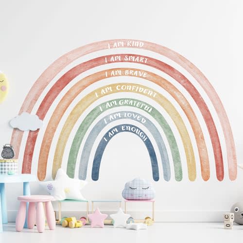 Tinideya 76.77x47.24'' Watercolor Large Rainbow Wall Decal with Inspirational Quote Peel and Stick Rainbow Wall Stickers Waterproof Decal for Girls Kids Bedroom Classroom Nursery Playroom(Cute)