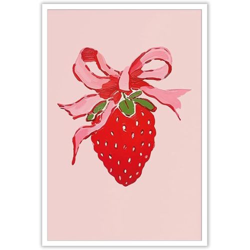 Trendy Strawberry Fruit Poster Funky Pink Bow Canvas Wall Art Preppy Coquettish Girly Room Aesthetic Prints Painting For Home Bedroom Dorm Living Room Wall Decor 12x16in Unframed