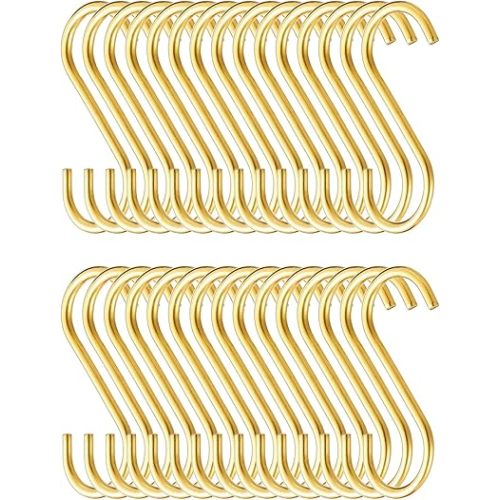 Evanda Gold S Hooks for Hanging Pack of 30, Heavy Duty Stainless Steel Titainium Plating Metal Mutil Purpose Hanger for Kitchen Pans, Pots, Utensils Tooks, Cups, Mugs, Clothes, Bags, Towels, Plants