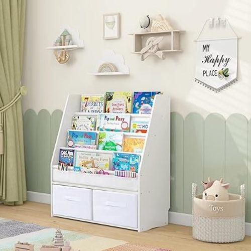 MallBest Kids Bookshelf, Book Shelf for Kids Rooms, Toddler Bookshelf, Kids Sling Bookshelf with Toys Storage Organizer, Wooden Baby Book Shelf for Nursery, Playroom, Bedroom(White)