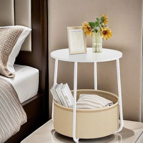 Unikito Small Round Side End Table With Fabric Basket, Table With Storage For Living Room Bedroom, Modern Accent, Beige, 19.3"*19.9"*19.9"